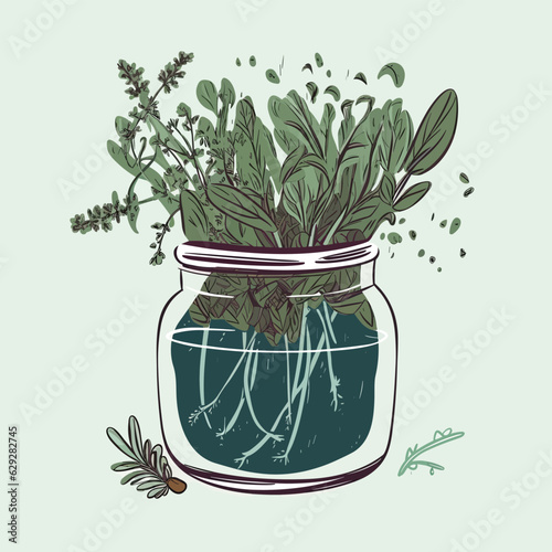 Vector of a glass jar filled with green liquid and vegetables