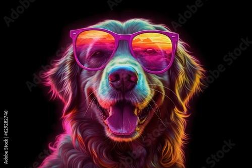 Portrait of Retriever dog with sunglasses on a dark background. Generative AI.