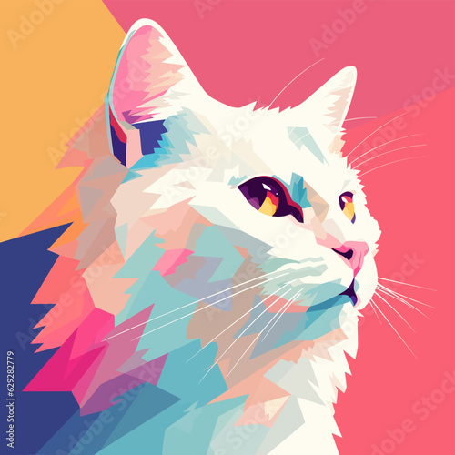 Vector of a white domestic cat on a pink and blue abstract background