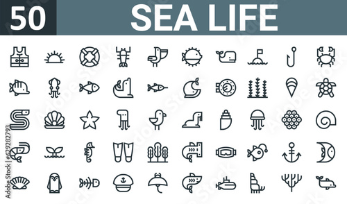 set of 50 outline web sea life icons such as life jacket, sea urchin, lifesaver, lobster, pelican, puffer fish, whale vector thin icons for report, presentation, diagram, web design, mobile app.