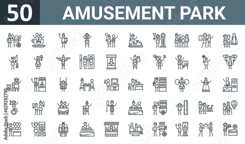 set of 50 outline web amusement park icons such as cotton candy, teacup, stuffed animal, clown, balloon, bumper car, game vector thin icons for report, presentation, diagram, web design, mobile app.