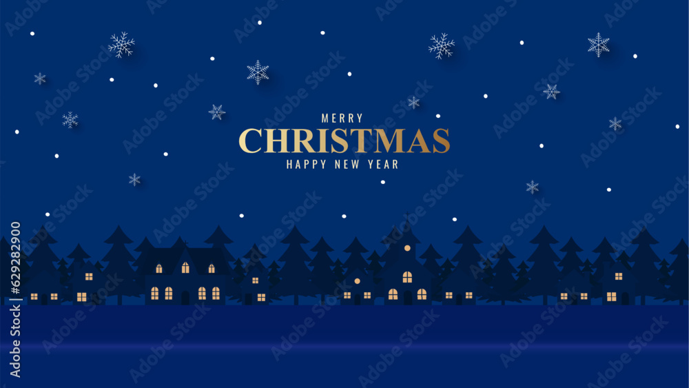 Fototapeta premium Empty tabletop or shelf for product display presentation with city village and christmas tree in night time with snowfall. christmas background