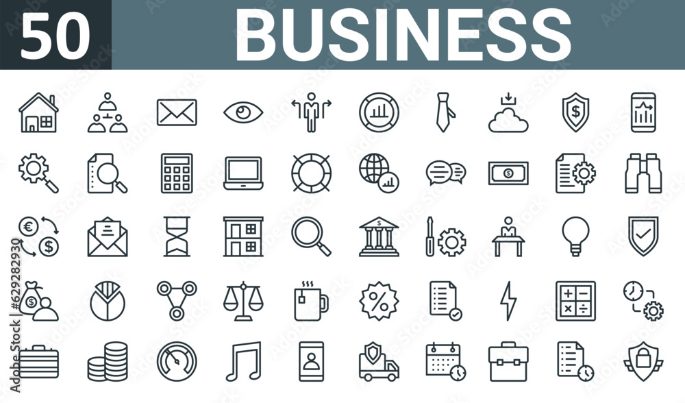 set of 50 outline web business icons such as house, group, email, eye, worker, bar chart, tie vector thin icons for report, presentation, diagram, web design, mobile app.