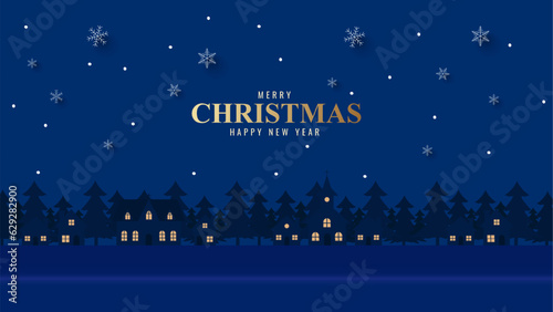 Empty tabletop or shelf for product display presentation with city village and christmas tree in night time with snowfall. christmas background