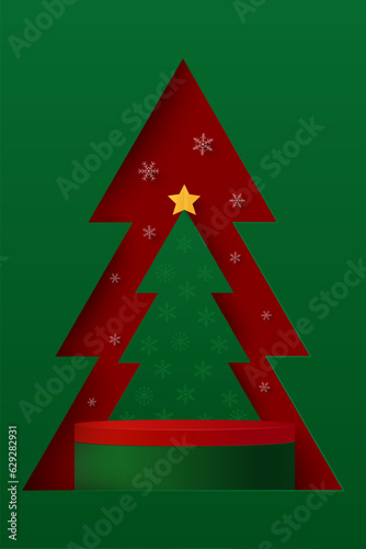 Merry Christmas banner. Podium platform to show product with green geometric shape on christmas tree background. Green minimal scene for product display presentation