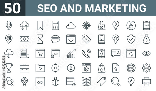 set of 50 outline web seo and marketing icons such as microphone, cloud computing, badge, calculating, cloud computing, aim, bag vector thin icons for report, presentation, diagram, web design,