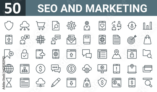 set of 50 outline web seo and marketing icons such as defense, cloud computing, commerce, archive, bank, business and finance, app vector thin icons for report, presentation, diagram, web design,