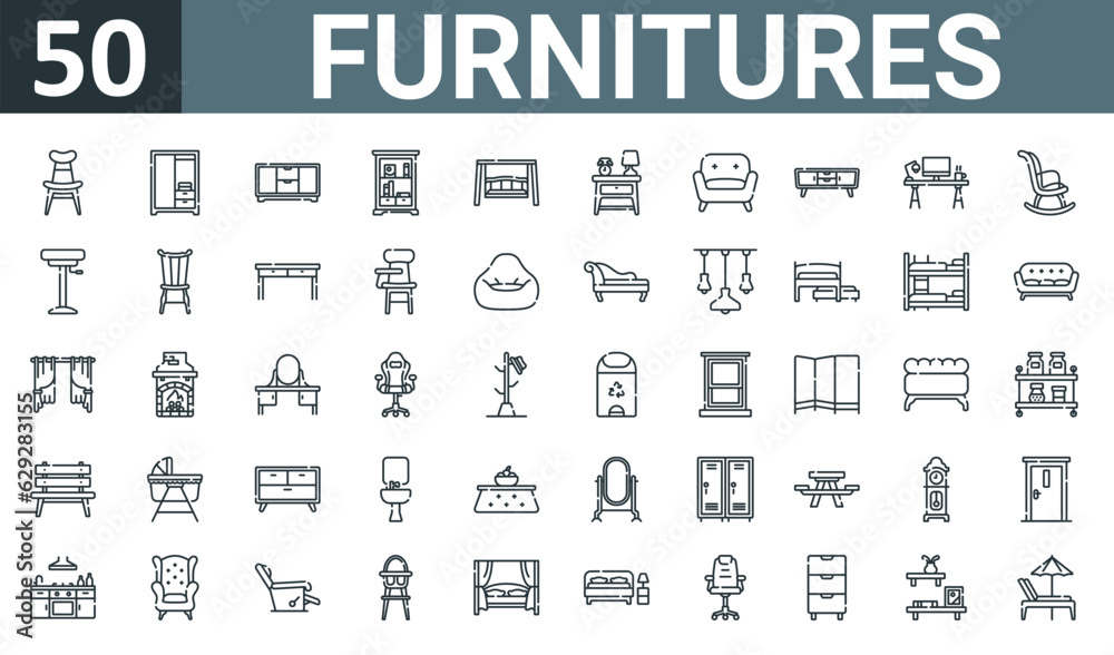 set of 50 outline web furnitures icons such as chair, wardrobe, sideboard, bookcase, porch, bedside table, sofa vector thin icons for report, presentation, diagram, web design, mobile app. set of 50 outline web furnitures icons such as chair, wardrobe, sideboard, bookcase, porch, bedside table, sofa vector thin icons for report, presentation, diagram, web design, mobile app.