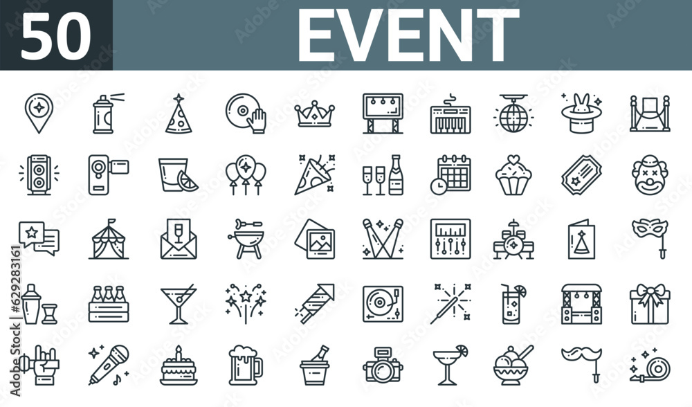 set of 50 outline web event icons such as placeholder, spray, party hat, vinyl, crown, big screen, piano vector thin icons for report, presentation, diagram, web design, mobile app.