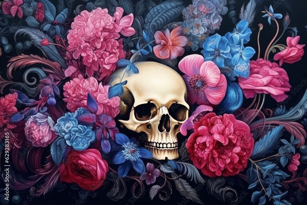 Skull and flowers on a dark background. 3D illustration. Generative AI. Skull and flowers on a dark background. 3D illustration. Generative AI.