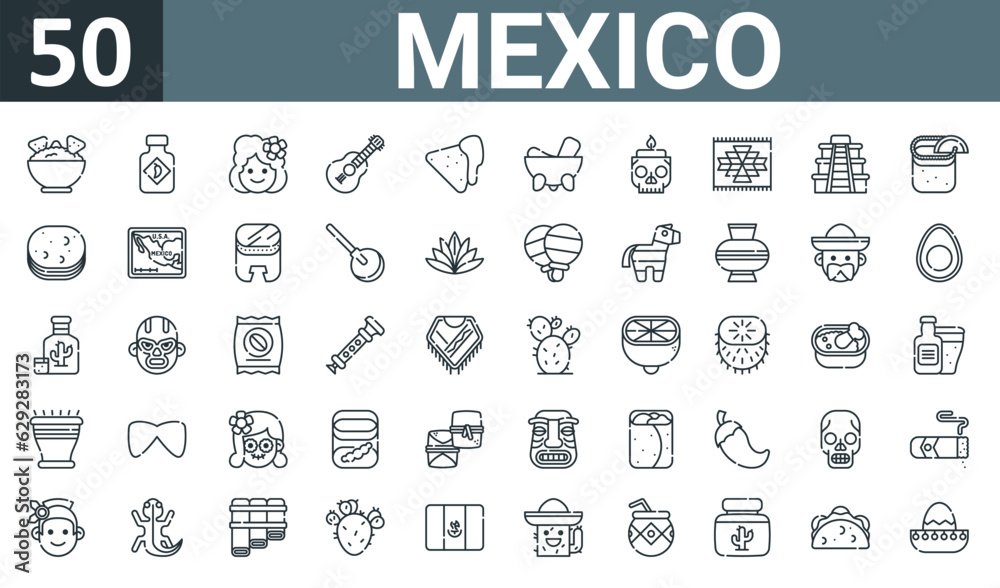 set of 50 outline web mexico icons such as guacamole, chili, mexican, guitar, nachos, molcajete, candle vector thin icons for report, presentation, diagram, web design, mobile app.