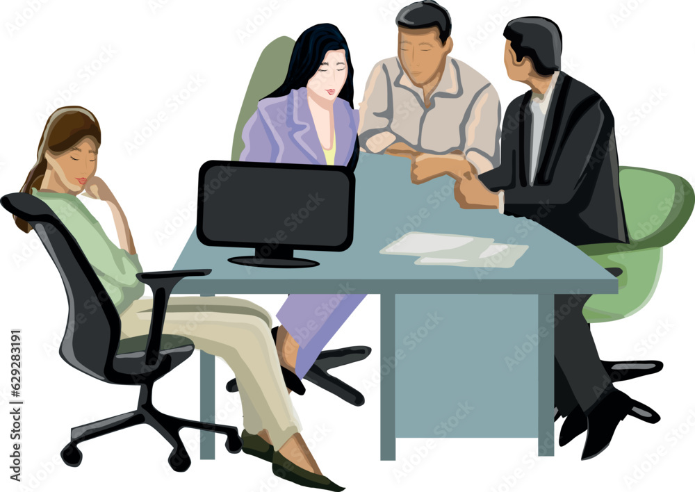 Business Marketing illustrations. Happy young employees giving support and help each. Coworking space, teamwork. Work at the office. Vector flat style illustration.
