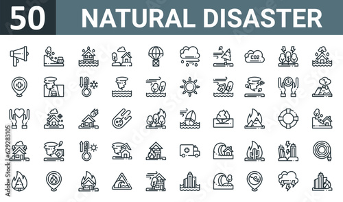 set of 50 outline web natural disaster icons such as announcement, car, ecology and environment, buildings, boxes, cloud, bad weather vector thin icons for report, presentation, diagram, web design,