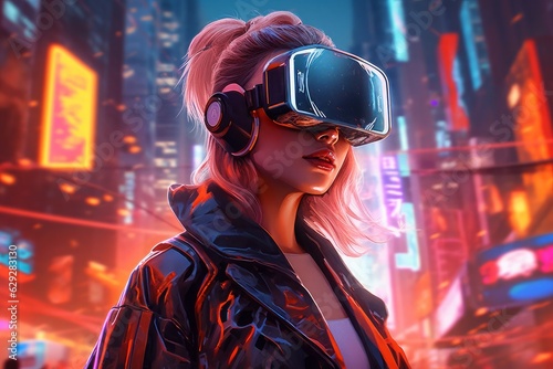 3D rendering of a futuristic woman wearing virtual reality goggles in a futuristic city. Generative AI.