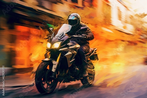 Motorcyclist driving a motorbike in the city. Digital painting. Generative AI.