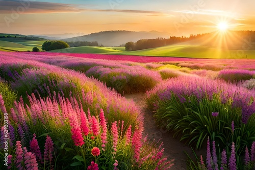 colorful flower meadow with sunbeams and bokeh light in summer 