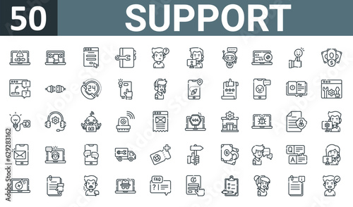 set of 50 outline web support icons such as troubleshooting, repair, contact form, manual book, confused, help, chatbot vector thin icons for report, presentation, diagram, web design, mobile app.