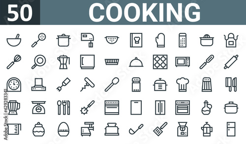 set of 50 outline web cooking icons such as cooking, skimmer, cooking, electric mixer, strainer, recipe book, mitten vector thin icons for report, presentation, diagram, web design, mobile app.