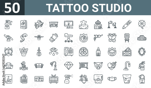 set of 50 outline web tattoo studio icons such as hand soap, catalogue, bird, aquarium, computer, tissues, studio vector thin icons for report, presentation, diagram, web design, mobile app.