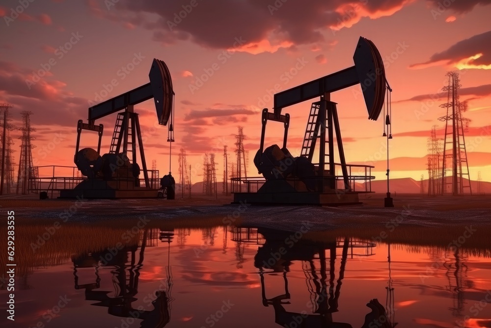 Oil pumps at sunset. Oil industry equipment. 3d render illustration. Generative AI. Oil pumps at sunset. Oil industry equipment. 3d render illustration. Generative AI.