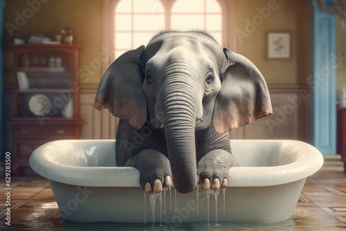 Elephant bathing in a bathtub. 3d illustration. Vintage style. Generative AI.
