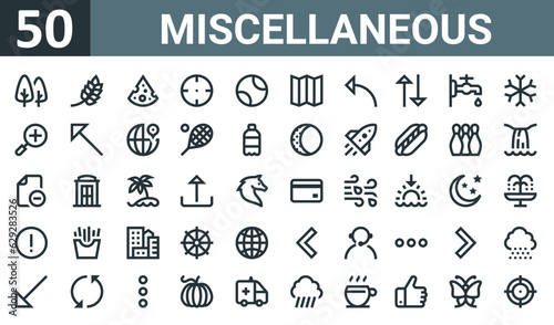 set of 50 outline web miscellaneous icons such as pine, wheat, cheese, target, baseball, map, curved arrow vector thin icons for report, presentation, diagram, web design, mobile app.