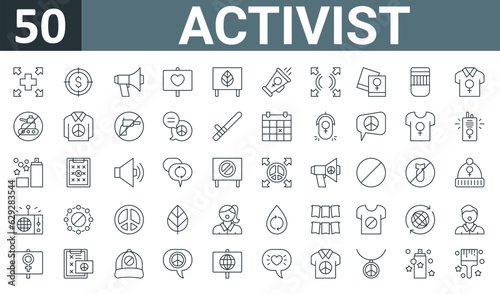 set of 50 outline web activist icons such as healthcare, target, megaphone, love, leaf, megaphone, waves vector thin icons for report, presentation, diagram, web design, mobile app.