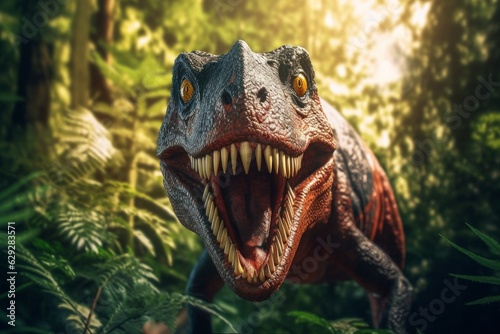 Dinosaur in the green forest. 3d rendering. Generative AI.