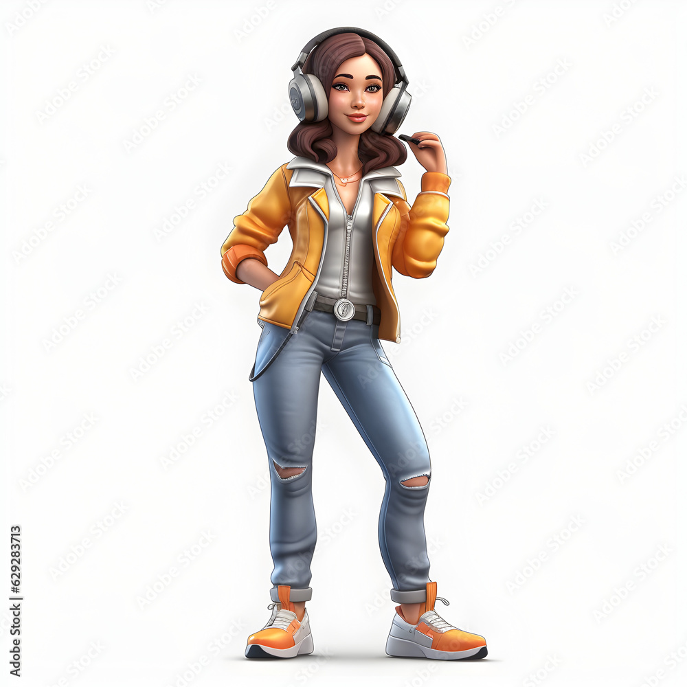 3d character of woman wearing headphone 3d character of woman wearing headphone