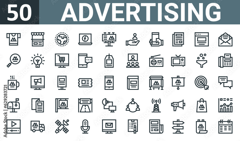 set of 50 outline web advertising icons such as tshirt, stand, worldwide, laptop, billboard, customer, advertising vector thin icons for report, presentation, diagram, web design, mobile app.