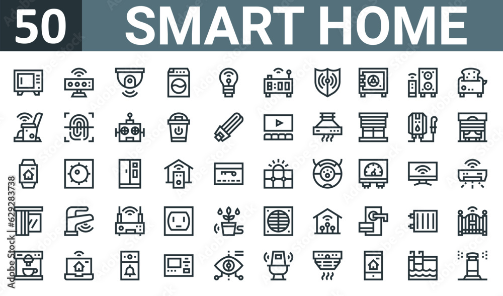 set of 50 outline web smart home icons such as oven, motion sensor, cctv, washing hine, smart light, smart clock, shield vector thin icons for report, presentation, diagram, web design, mobile app.