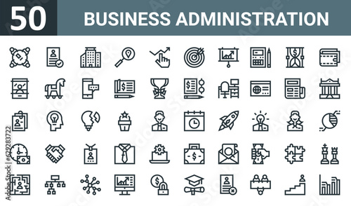 set of 50 outline web business administration icons such as meeting, cv, buildings, magnifying glass, growth, target, board vector thin icons for report, presentation, diagram, web design, mobile
