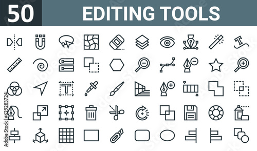 set of 50 outline web editing tools icons such as mirror, magnet, lasso, mesh, eraser, layer, visible vector thin icons for report, presentation, diagram, web design, mobile app.
