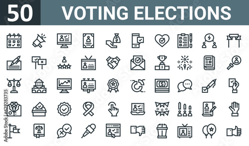 set of 50 outline web voting elections icons such as calendar, promote, vote, candidate, donate, vote, voting vector thin icons for report, presentation, diagram, web design, mobile app.