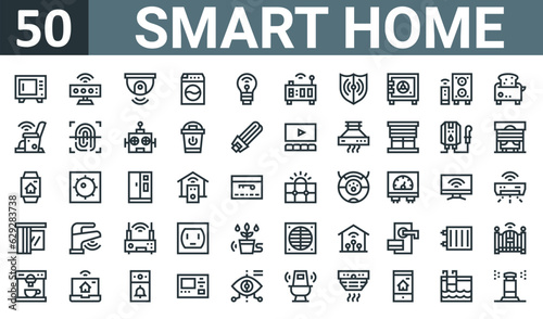 set of 50 outline web smart home icons such as oven, motion sensor, cctv, washing hine, smart light, smart clock, shield vector thin icons for report, presentation, diagram, web design, mobile app.