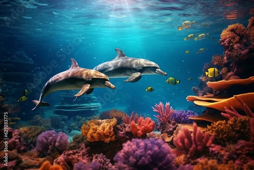 Dolphins swimming in the sea. Underwater world. 3d rendering. Generative AI. © Татьяна Петрова