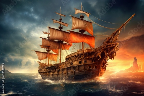 Sailing ship in the sea with dramatic sky. 3d render. Generative AI.