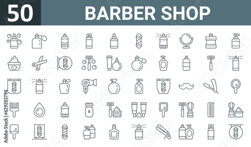 set of 50 outline web barber shop icons such as perfume, cologne, hair spray, hairspray, hair spray, barber pole, hair spray vector thin icons for report, presentation, diagram, web design, mobile