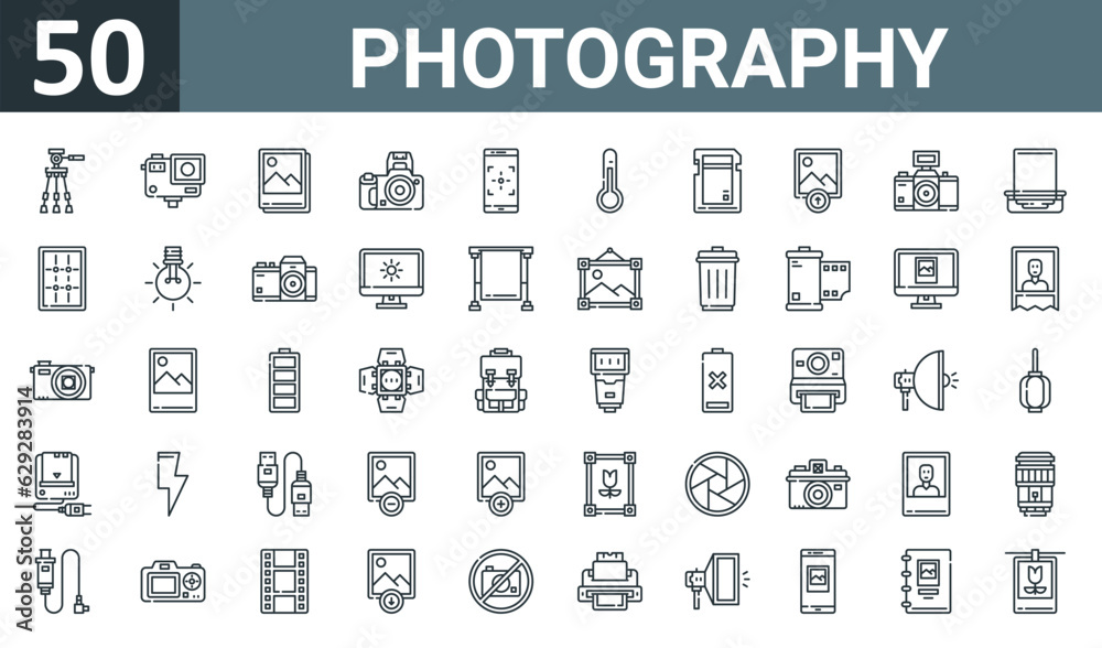 set of 50 outline web photography icons such as tr, action camera, photo, camera, smartphone, thermometer, vector thin icons for report, presentation, diagram, web design, mobile app.