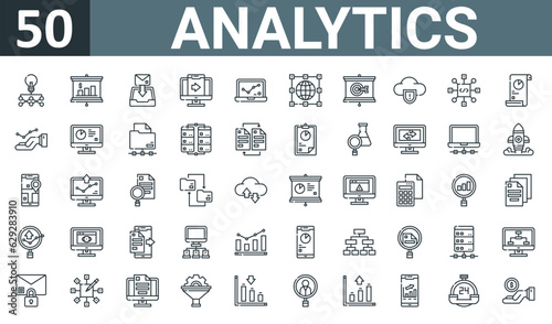 set of 50 outline web analytics icons such as bulb, analytics, download, share, analytics, globe, target vector thin icons for report, presentation, diagram, web design, mobile app.
