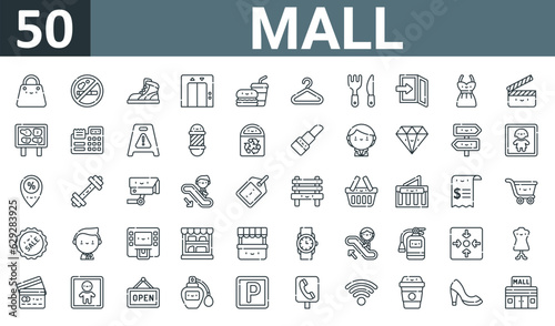 set of 50 outline web mall icons such as shopping bag, no smoking, sneaker, elevator, food, hanger, cutlery vector thin icons for report, presentation, diagram, web design, mobile app.
