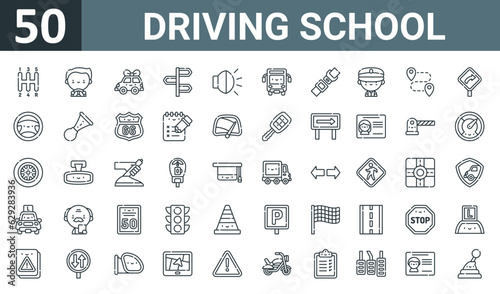 set of 50 outline web driving school icons such as gearbox, driving, new car, directions, car light, bus, safety belt vector thin icons for report, presentation, diagram, web design, mobile app.
