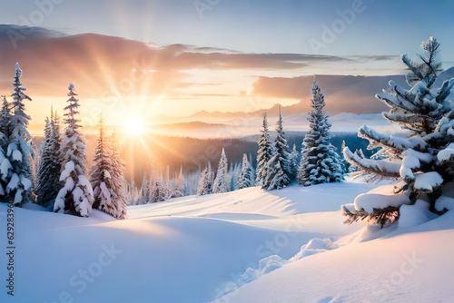 snowman in winter christmas scene with snow pine trees and warm light