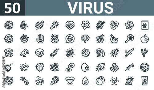 set of 50 outline web virus icons such as virus, cholera, cell, protist, contagion, influenza, cell vector thin icons for report, presentation, diagram, web design, mobile app.
