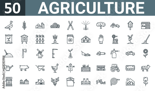 set of 50 outline web agriculture icons such as duck, wheat, farm, hay bale, shears, sprinkler, tree vector thin icons for report, presentation, diagram, web design, mobile app.
