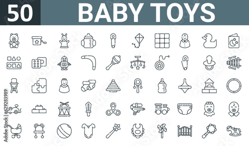 set of 50 outline web baby toys icons such as teddy bear, surprise box, hand puppet, cup, pin, kite, vector thin icons for report, presentation, diagram, web design, mobile app.