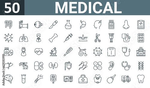 set of 50 outline web medical icons such as intestine, hospital bed, eye, knife, flask, stoh, migraine vector thin icons for report, presentation, diagram, web design, mobile app.