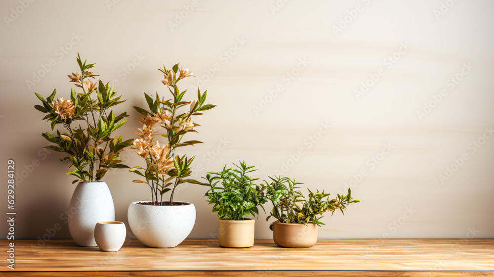 mockup - empty space beige wall  in a  setting indoor for a sales background framed from plants