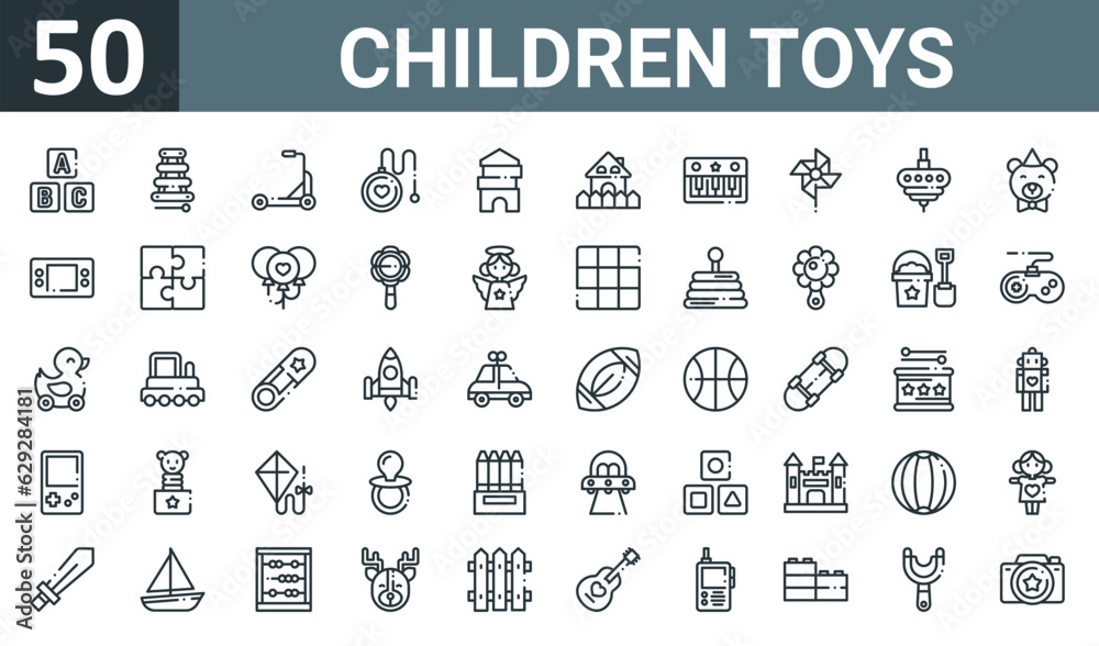 set of 50 outline web children toys icons such as cubes, xylophone, scooter, yoyo, house, house, piano vector thin icons for report, presentation, diagram, web design, mobile app.