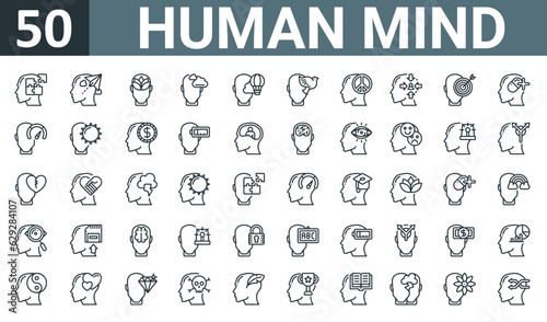 set of 50 outline web human mind icons such as autism, inspiration, calm, dreaming, imagination, calm, peace of mind vector thin icons for report, presentation, diagram, web design, mobile app.